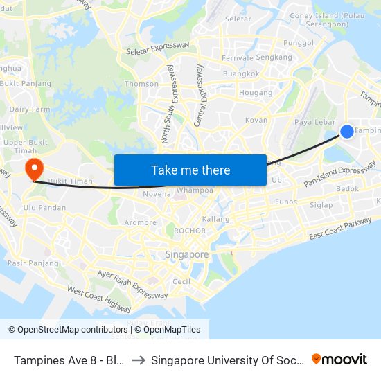 Tampines Ave 8 - Blk 874 (75159) to Singapore University Of Social Sciences (Suss) map