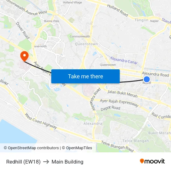 Redhill (EW18) to Main Building map