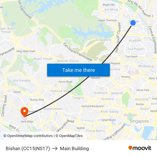 Bishan (CC15|NS17) to Main Building map