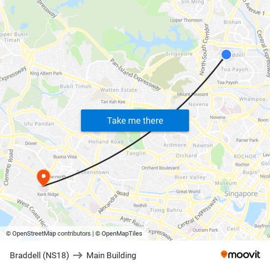 Braddell (NS18) to Main Building map