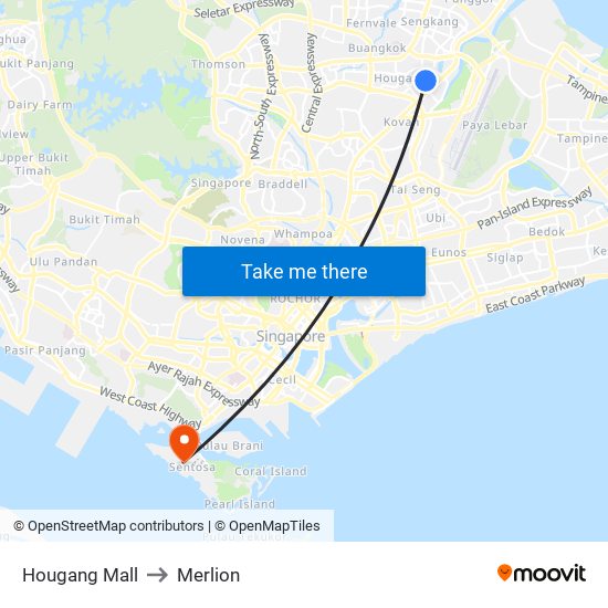Hougang Mall to Merlion map