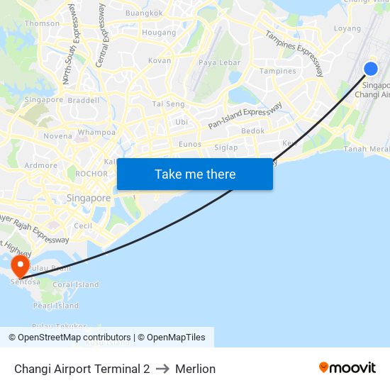 Changi Airport Terminal 2 to Merlion map