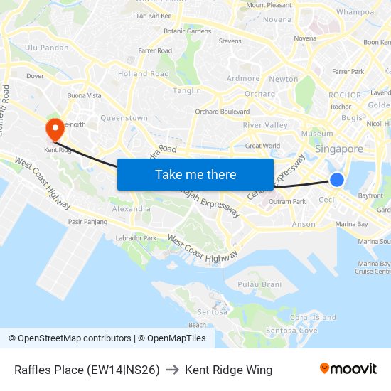 Raffles Place (EW14|NS26) to Kent Ridge Wing map