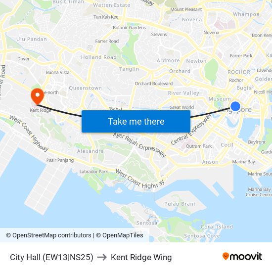 City Hall (EW13|NS25) to Kent Ridge Wing map