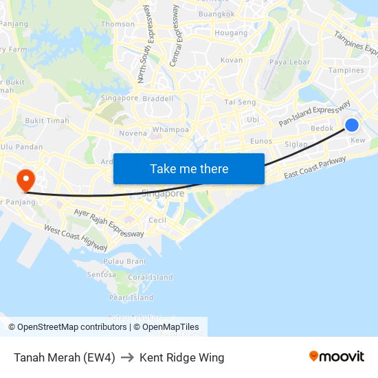 Tanah Merah (EW4) to Kent Ridge Wing map