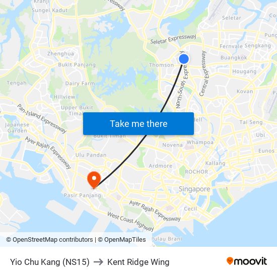 Yio Chu Kang (NS15) to Kent Ridge Wing map