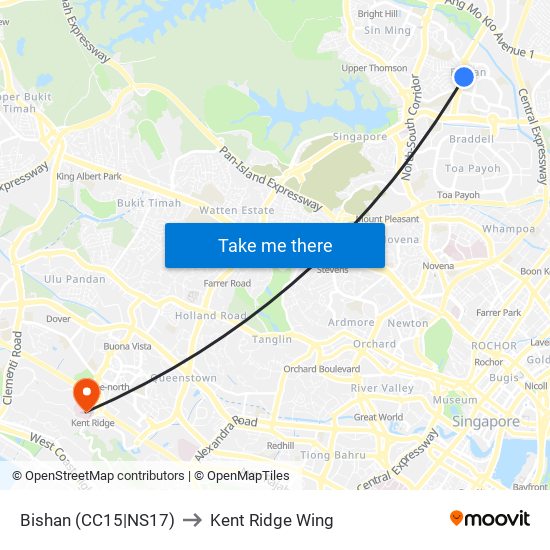 Bishan (CC15|NS17) to Kent Ridge Wing map
