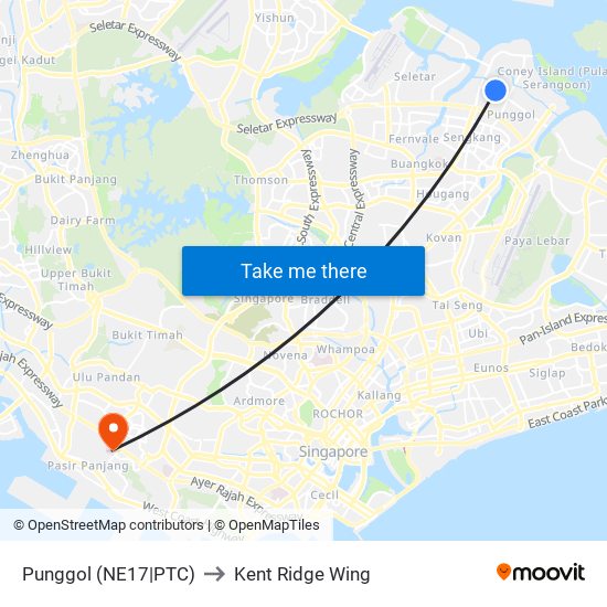 Punggol (NE17|PTC) to Kent Ridge Wing map