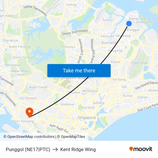 Punggol (NE17|PTC) to Kent Ridge Wing map