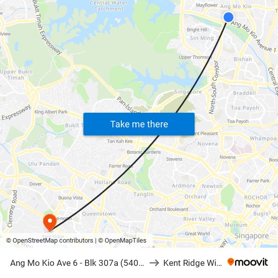 Ang Mo Kio Ave 6 - Blk 307a (54019) to Kent Ridge Wing map