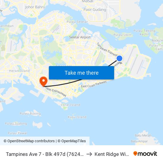 Tampines Ave 7 - Blk 497d (76241) to Kent Ridge Wing map