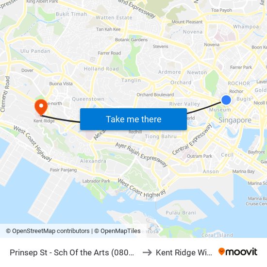 Prinsep St - Sch Of the Arts (08079) to Kent Ridge Wing map