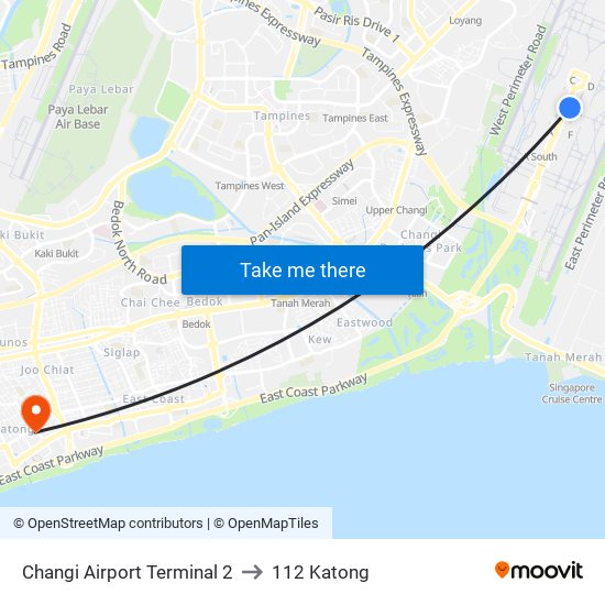 Changi Airport Terminal 2 to 112 Katong map