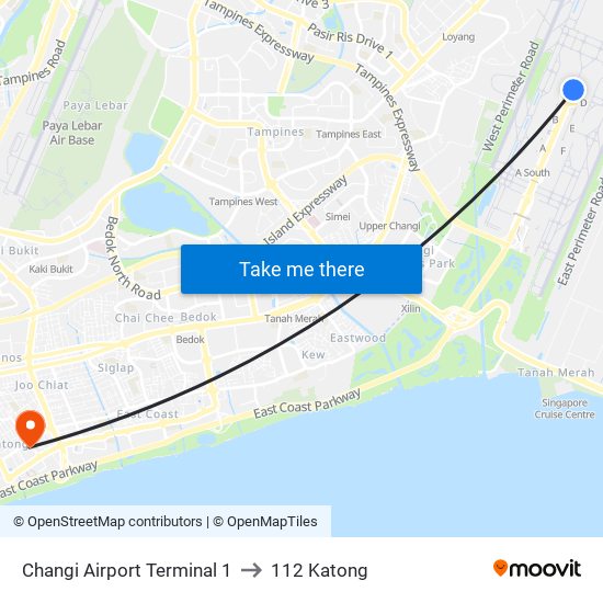 Changi Airport Terminal 1 to 112 Katong map