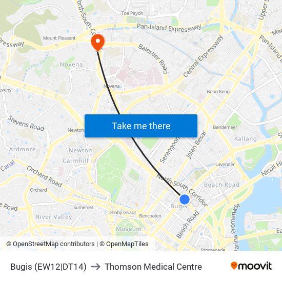 Bugis (EW12|DT14) to Thomson Medical Centre map