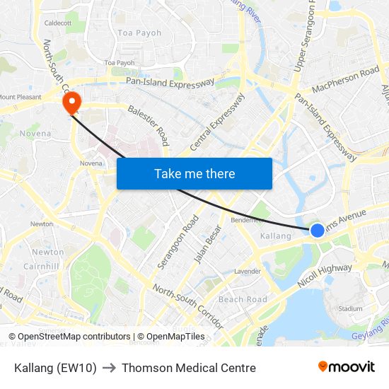 Kallang (EW10) to Thomson Medical Centre map