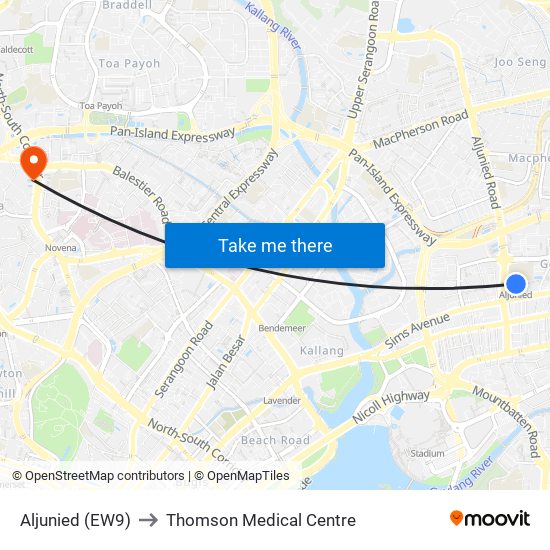 Aljunied (EW9) to Thomson Medical Centre map