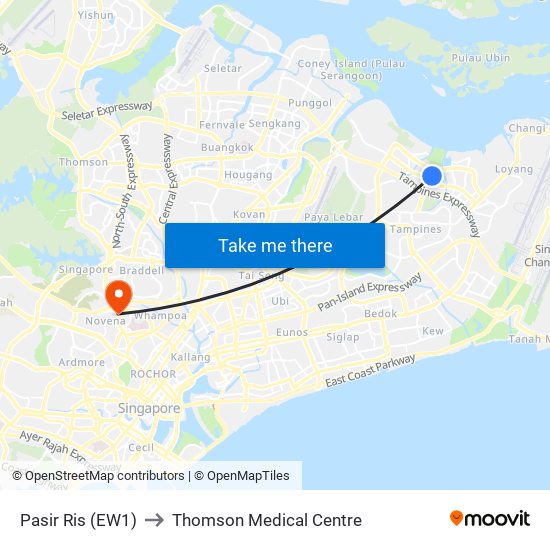 Pasir Ris (EW1) to Thomson Medical Centre map