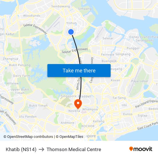 Khatib (NS14) to Thomson Medical Centre map