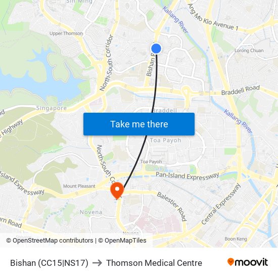 Bishan (CC15|NS17) to Thomson Medical Centre map