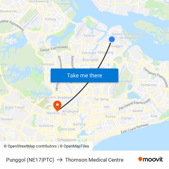 Punggol (NE17|PTC) to Thomson Medical Centre map