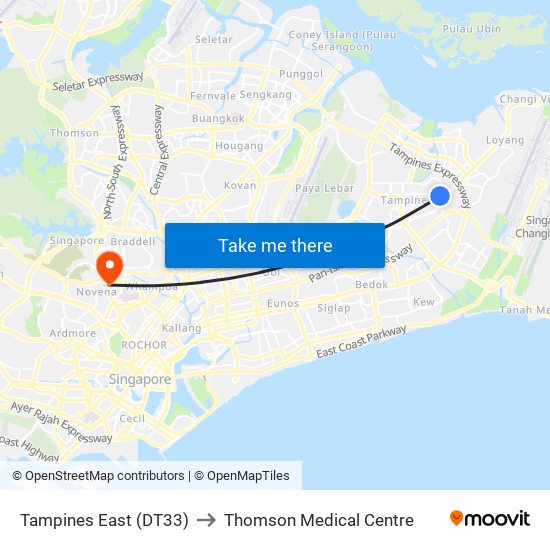 Tampines East (DT33) to Thomson Medical Centre map