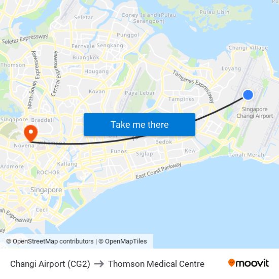 Changi Airport (CG2) to Thomson Medical Centre map