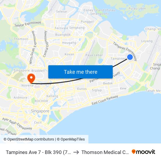 Tampines Ave 7 - Blk 390 (76239) to Thomson Medical Centre map