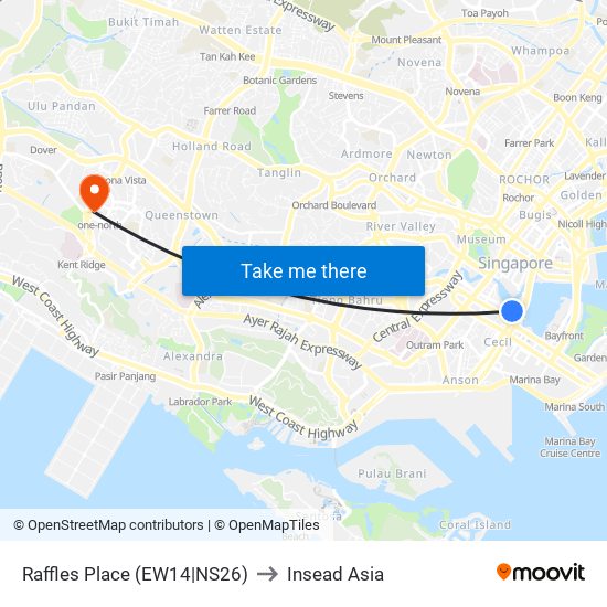 Raffles Place (EW14|NS26) to Insead Asia map