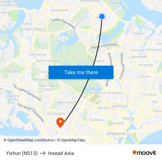 Yishun (NS13) to Insead Asia map