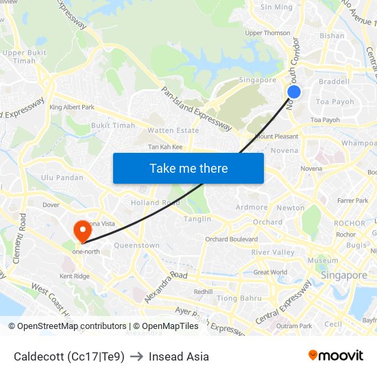 Caldecott (Cc17|Te9) to Insead Asia map