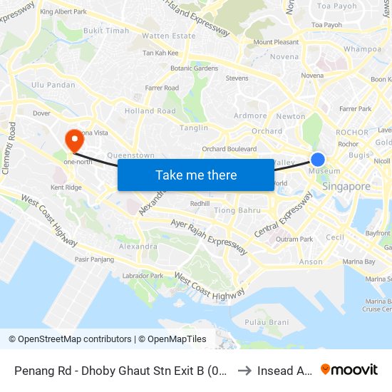 Penang Rd - Dhoby Ghaut Stn Exit B (08031) to Insead Asia map