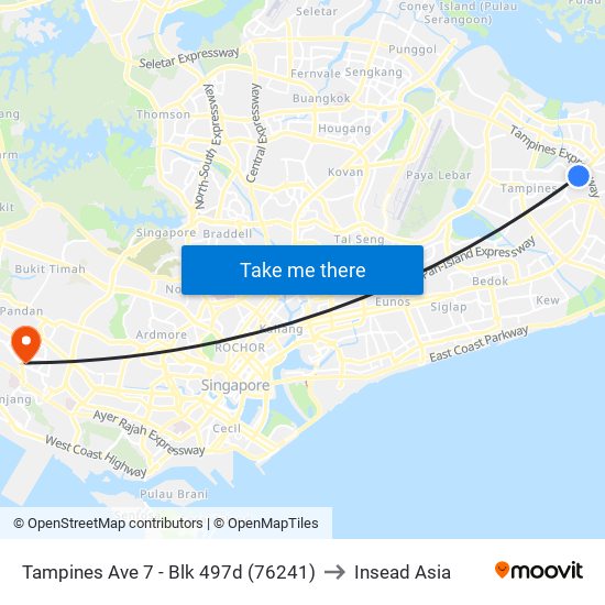 Tampines Ave 7 - Blk 497d (76241) to Insead Asia map