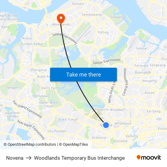 Novena to Woodlands Temporary Bus Interchange map