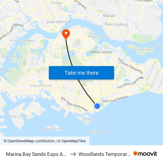 Marina Bay Sands Expo And Convention Centre to Woodlands Temporary Bus Interchange map