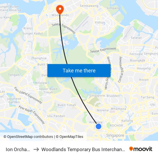 Ion Orchard to Woodlands Temporary Bus Interchange map