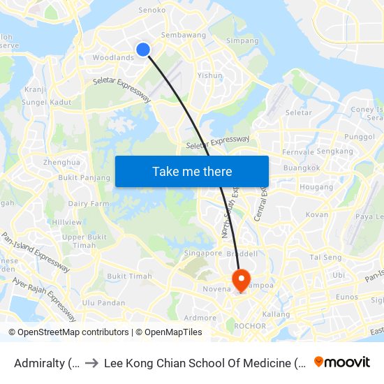 Admiralty (NS10) to Lee Kong Chian School Of Medicine (Novena Campus) map