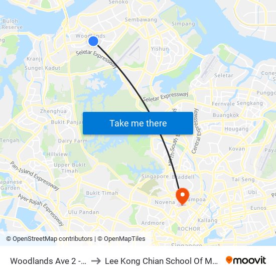 Woodlands Ave 2 - Blk 511 (46331) to Lee Kong Chian School Of Medicine (Novena Campus) map