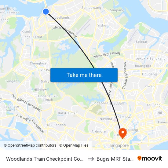 Woodlands Train Checkpoint Complex to Bugis MRT Station map