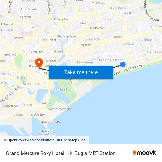 Grand Mercure Roxy Hotel to Bugis MRT Station map