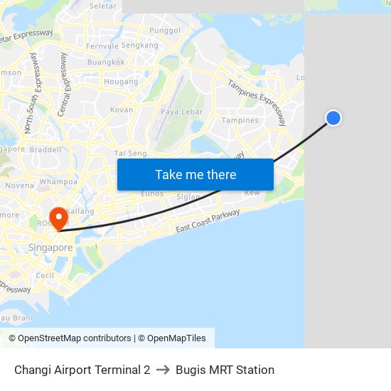 Changi Airport Terminal 2 to Bugis MRT Station map