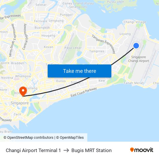 Changi Airport Terminal 1 to Bugis MRT Station map