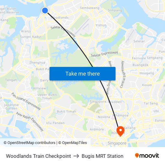Woodlands Train Checkpoint to Bugis MRT Station map