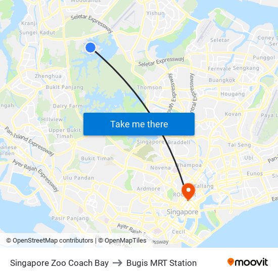 Singapore Zoo Coach Bay to Bugis MRT Station map