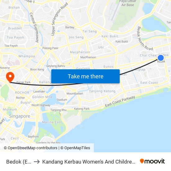 Bedok (EW5) to Kandang Kerbau Women's And Children's Hospital map