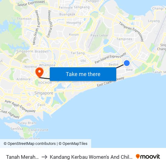 Tanah Merah (EW4) to Kandang Kerbau Women's And Children's Hospital map
