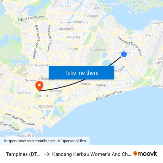 Tampines (DT32|EW2) to Kandang Kerbau Women's And Children's Hospital map