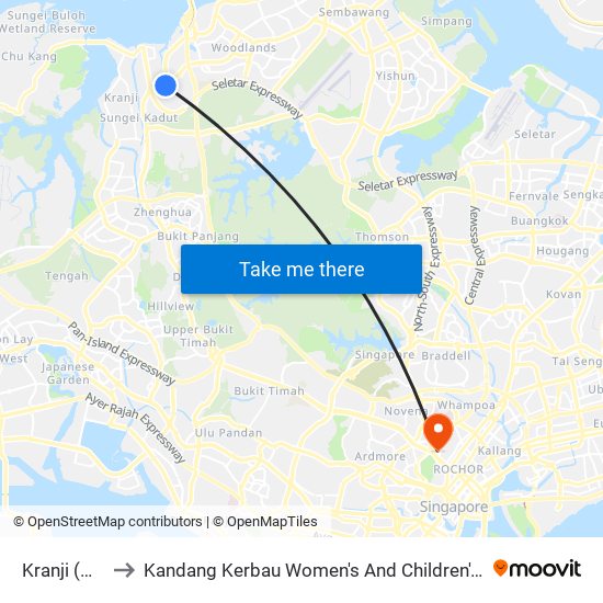 Kranji (NS7) to Kandang Kerbau Women's And Children's Hospital map