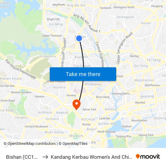 Bishan (CC15|NS17) to Kandang Kerbau Women's And Children's Hospital map