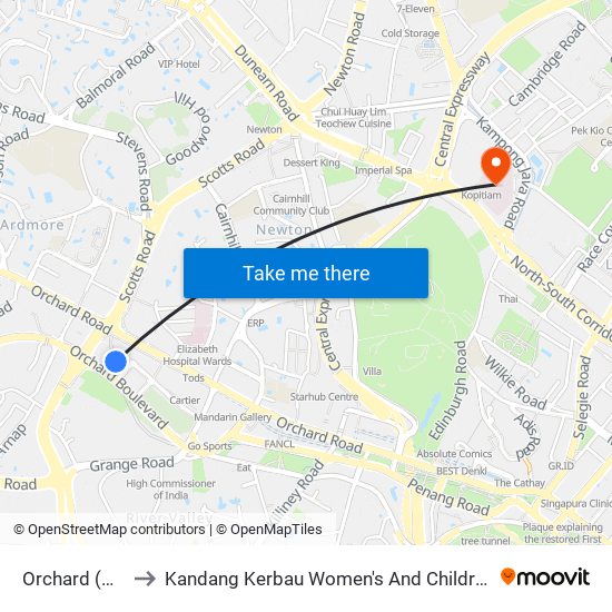 Orchard (NS22) to Kandang Kerbau Women's And Children's Hospital map